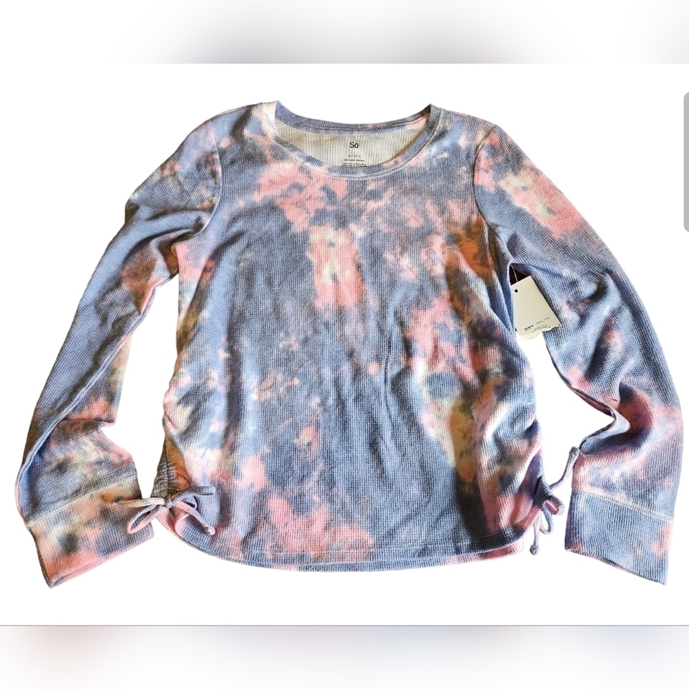 So long sleeve, pink and blue tie dye ruched sides Girls size xl(14-16)
